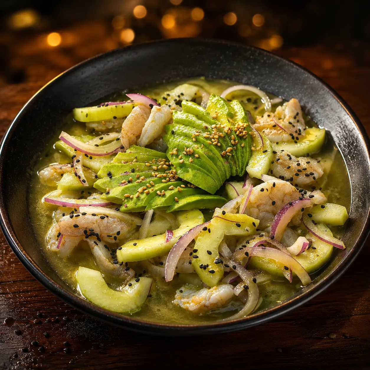 Aguachile verde con camarón fresco, serrano, cebolla morada y pepino en Mariscos Muelle 27, Querétaro