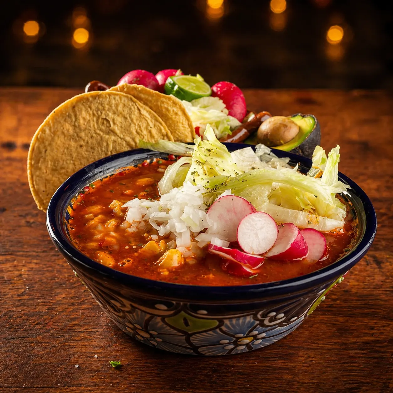 Pozole rojo con camarón, tostada y recaudos al centro de la mesa — Mariscos Muelle 27, Querétaro