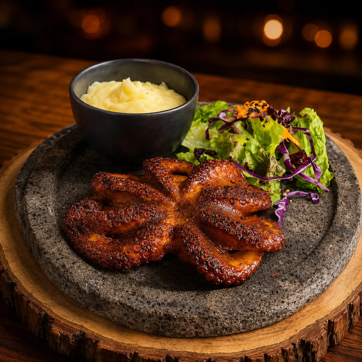 Pulpo zarandeado a la parrilla con adobo del Pacífico en Mariscos Muelle 27, Querétaro