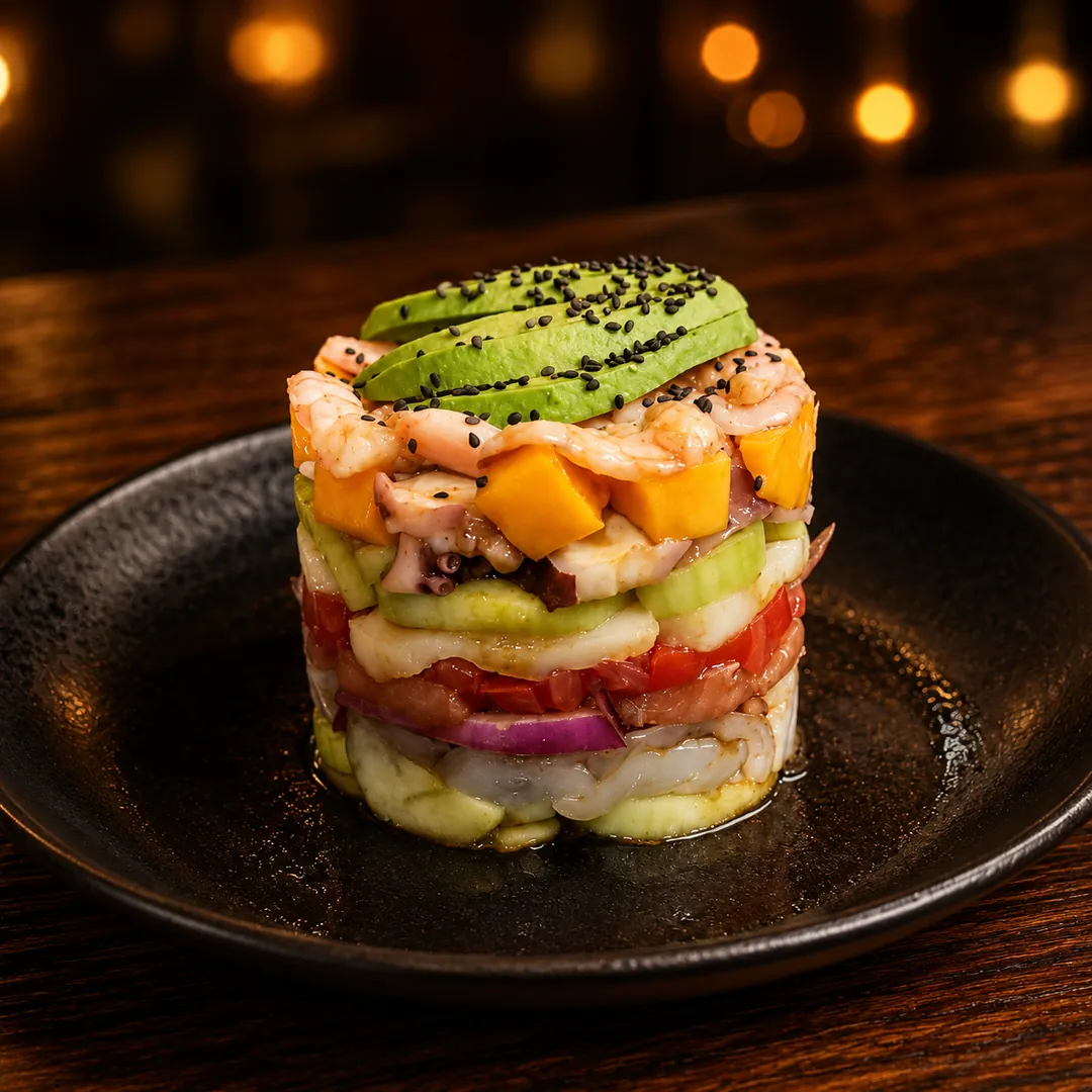 Torre de mariscos con camarón, pulpo, callo de hacha, aguacate y salsas negras — Mariscos Muelle 27, Jardines del Cimatario, Querétaro