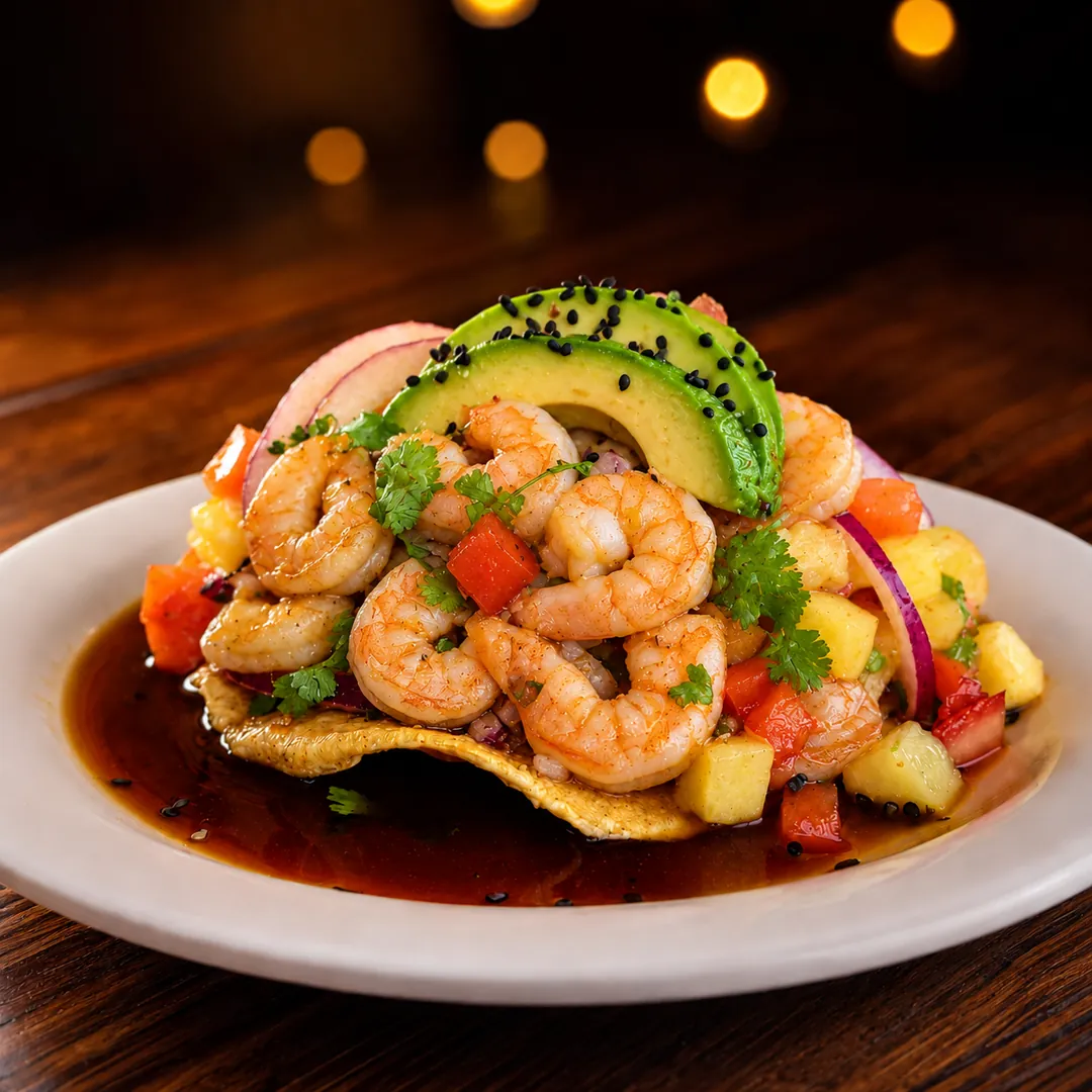 Tostada de camarón con aguacate, mango y salsa de la casa — Mariscos Muelle 27, Jardines del Cimatario, Querétaro