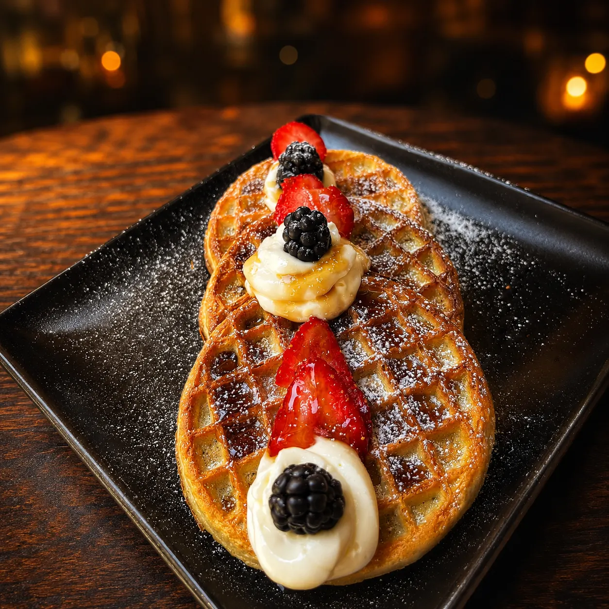 Waffles con miel y fruta del desayuno en Mariscos Muelle 27, Querétaro